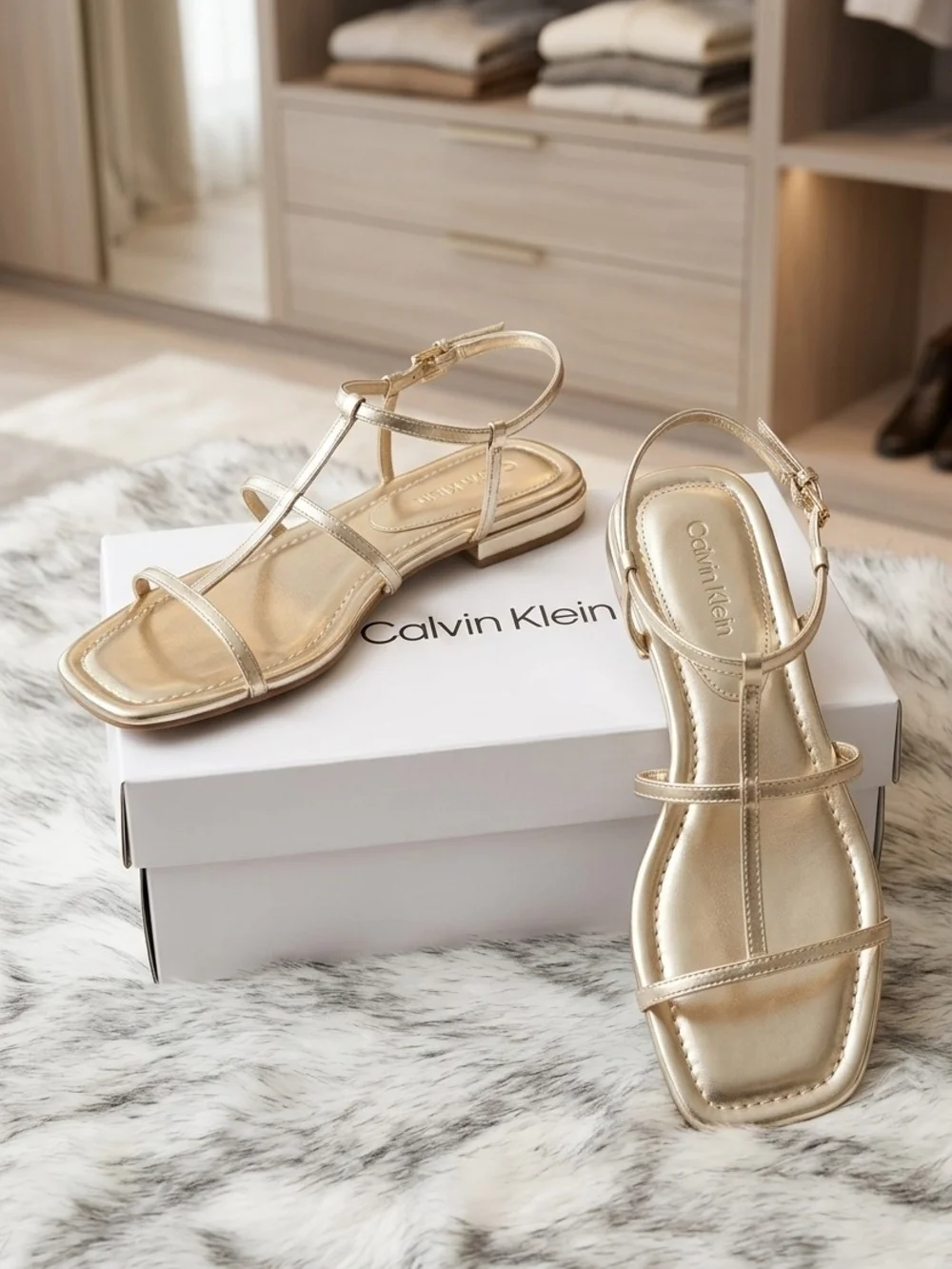 Calvin Klein Women's Gold T-Strap Flat Sandals